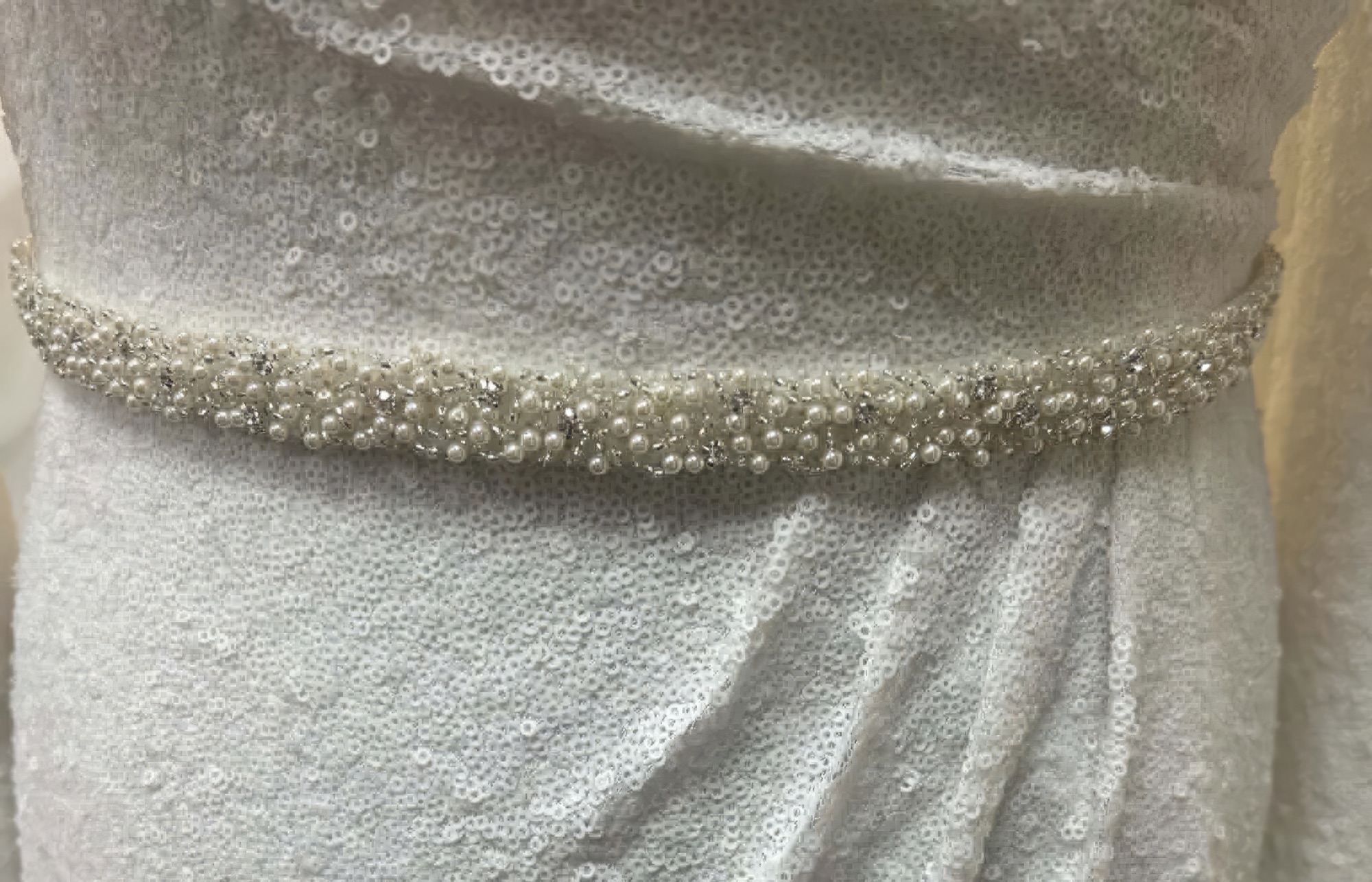 Pearl and crystal beaded bridal belt on a gown