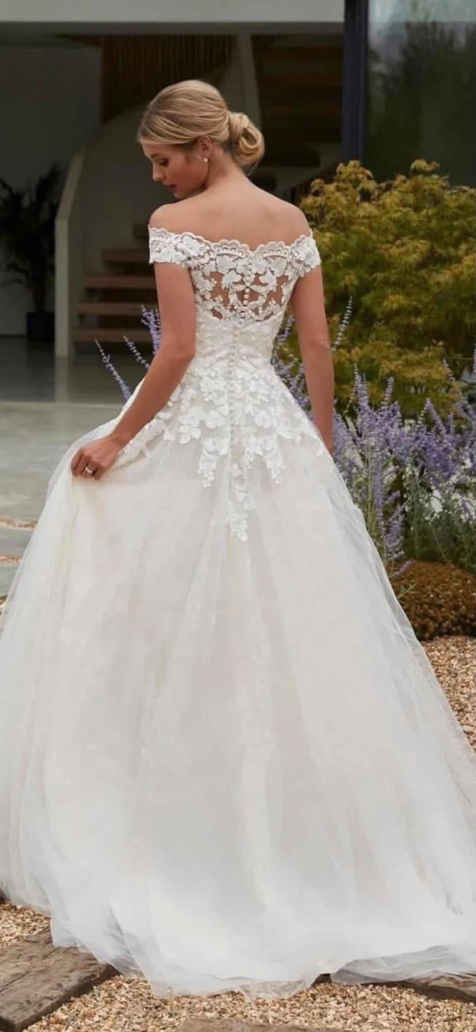 Bardot off-shoulder A-line gown — back view