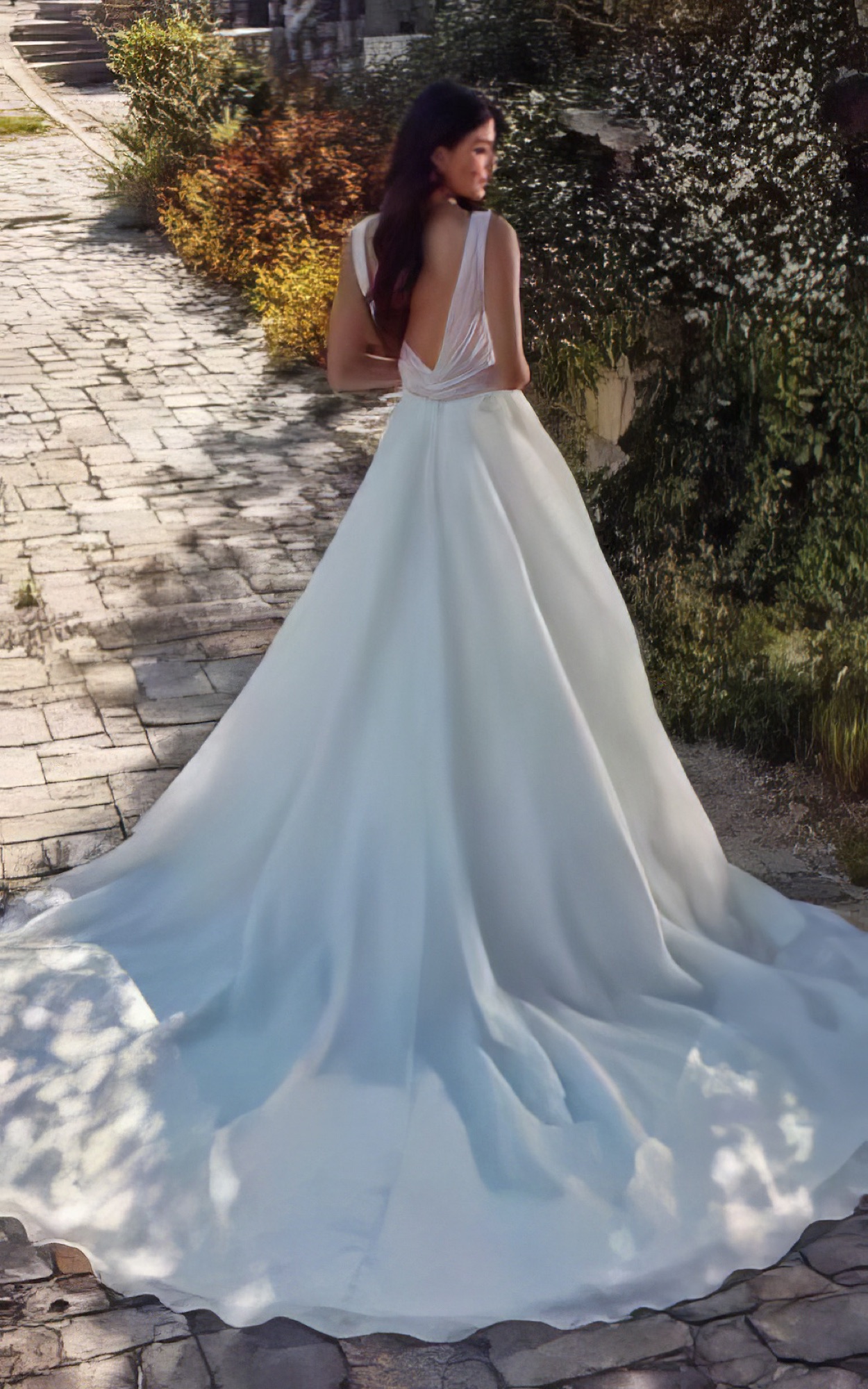 Beaded-bodice A-line gown — back view
