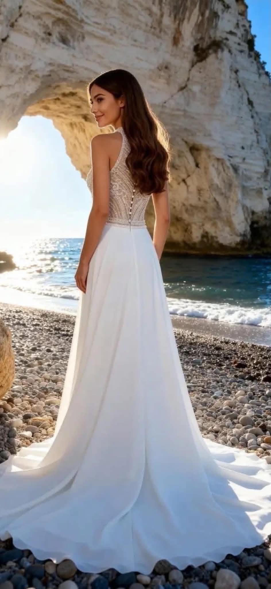 Beaded-bodice gown photographed by the sea — back view