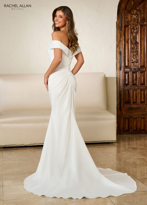 Off-shoulder ruched crepe fishtail gown — back view