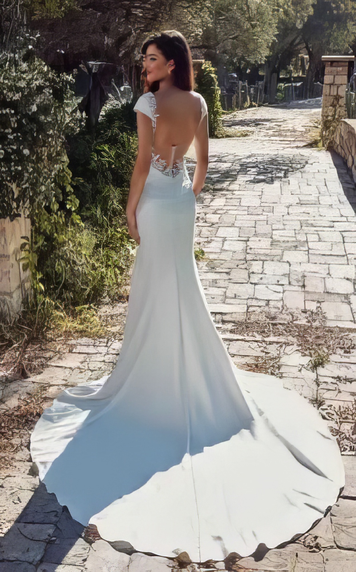 Crepe cap-sleeve gown — back view