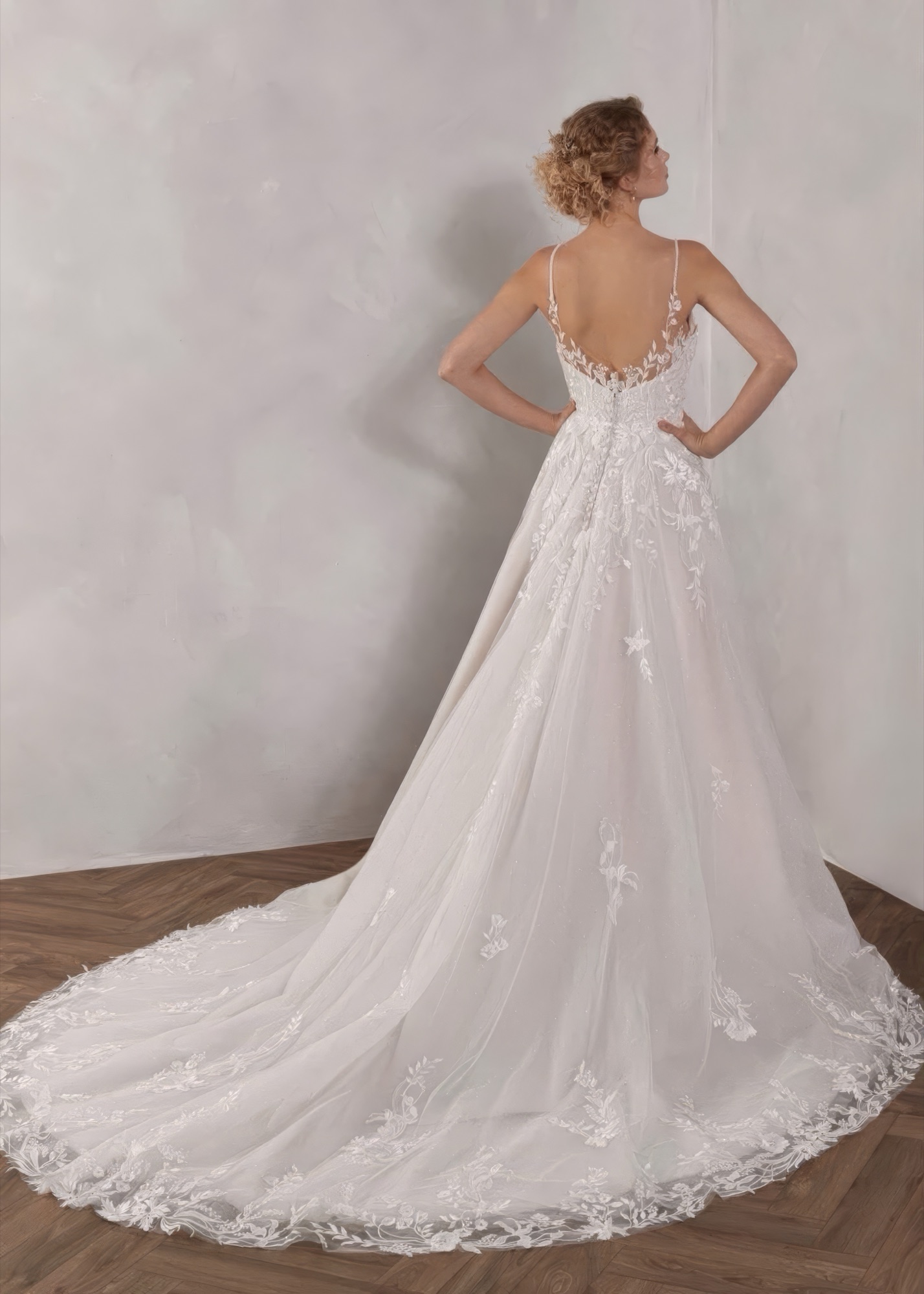 Floral-lace A-line gown — back view