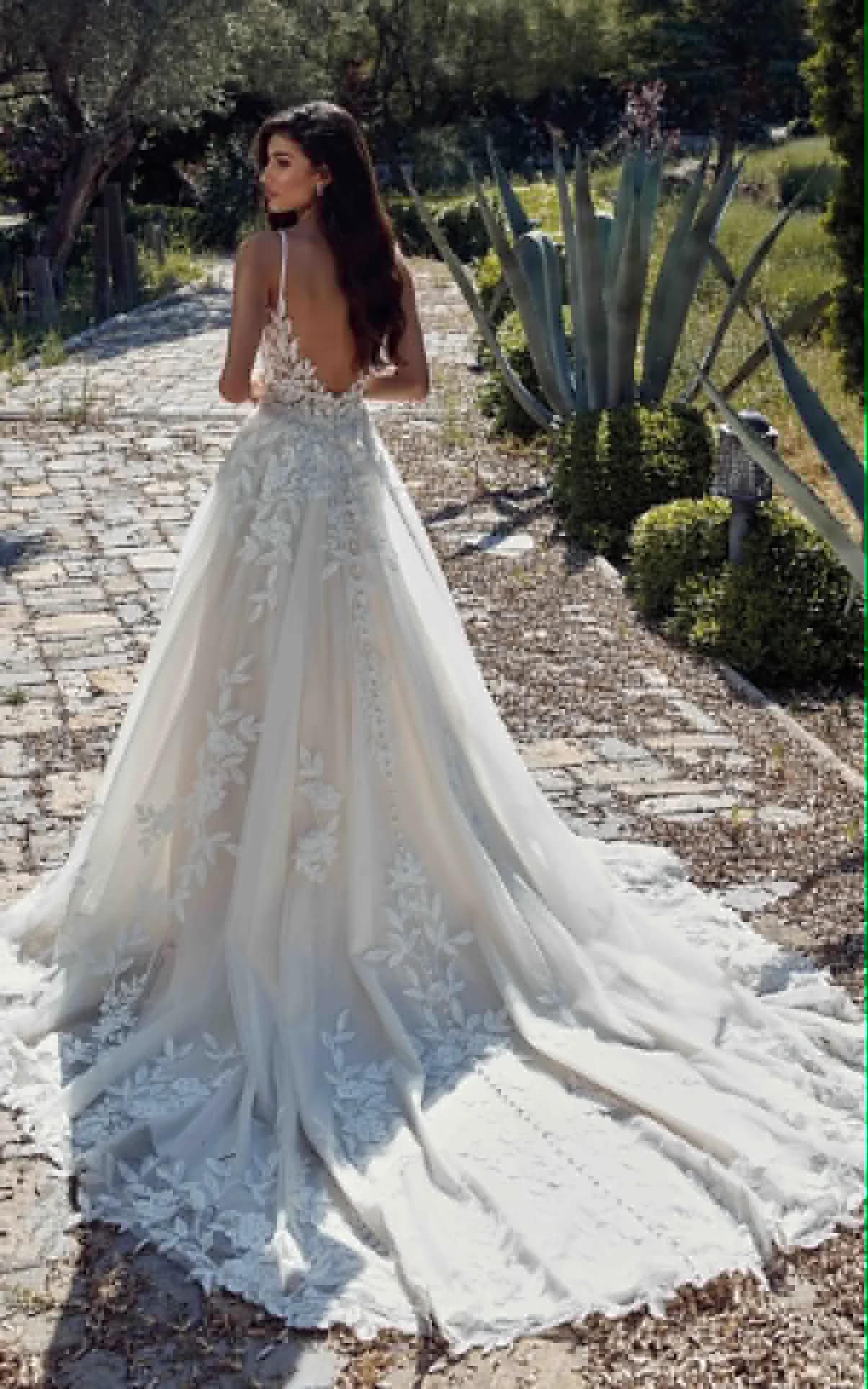 Floral-lace bodice gown with a soft tulle skirt — back view