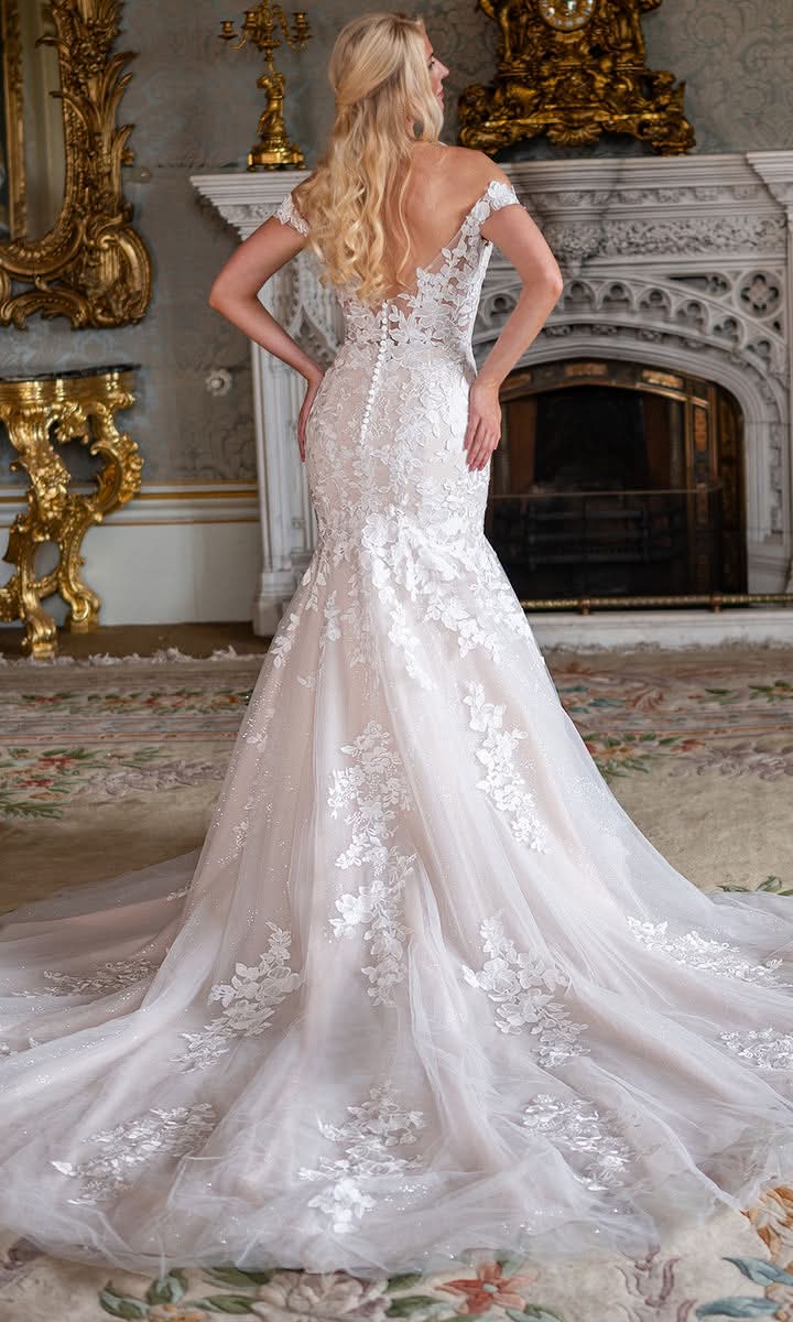 Off-shoulder floral-lace mermaid gown — back view