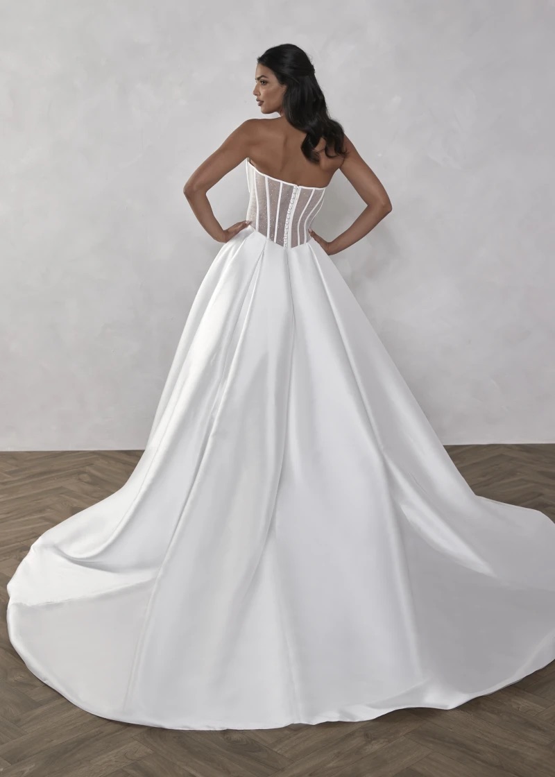 Strapless satin ballgown with a sweetheart neckline — back view