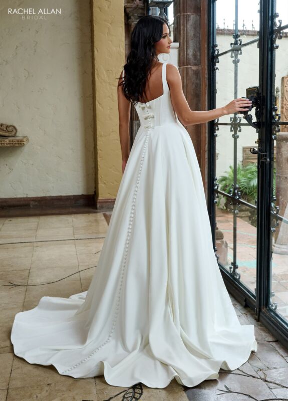 Square-neckline satin A-line gown — back view