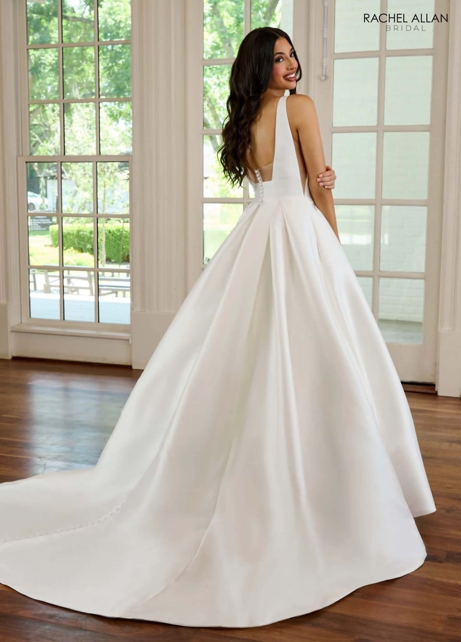 V-neck satin ballgown — back view
