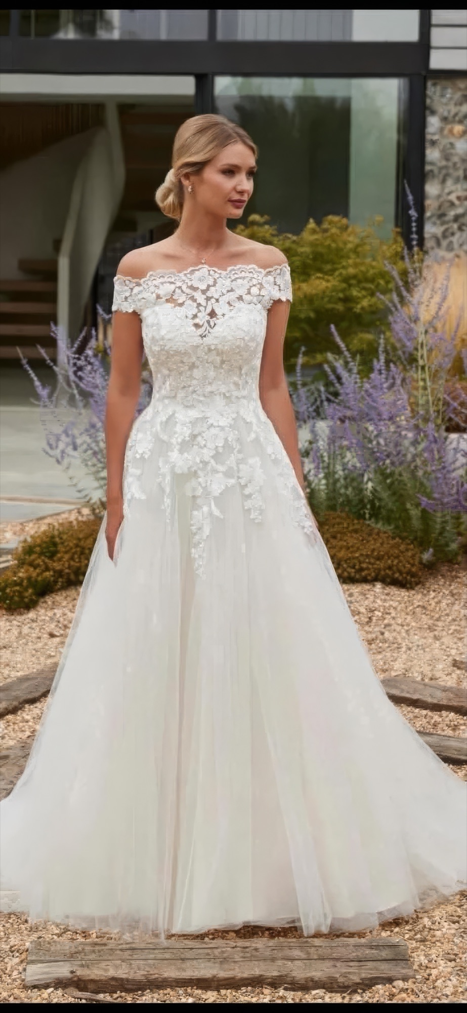Bardot off-shoulder A-line gown