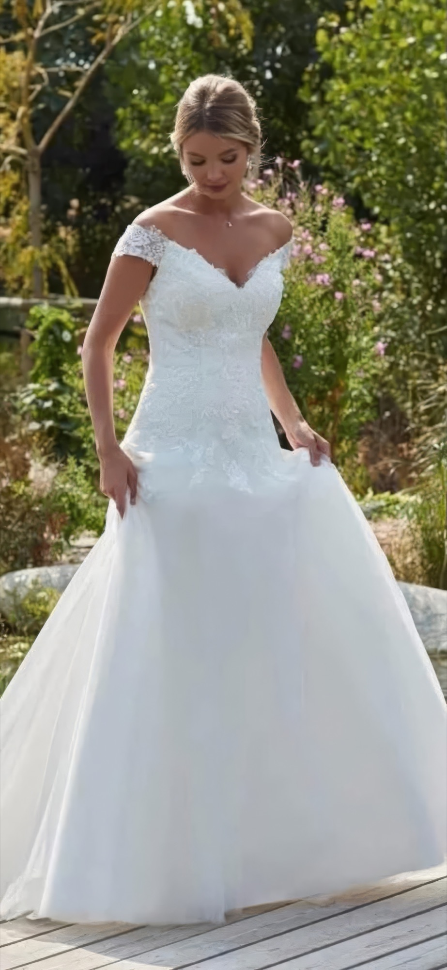 Bardot off-shoulder fit-and-flare gown
