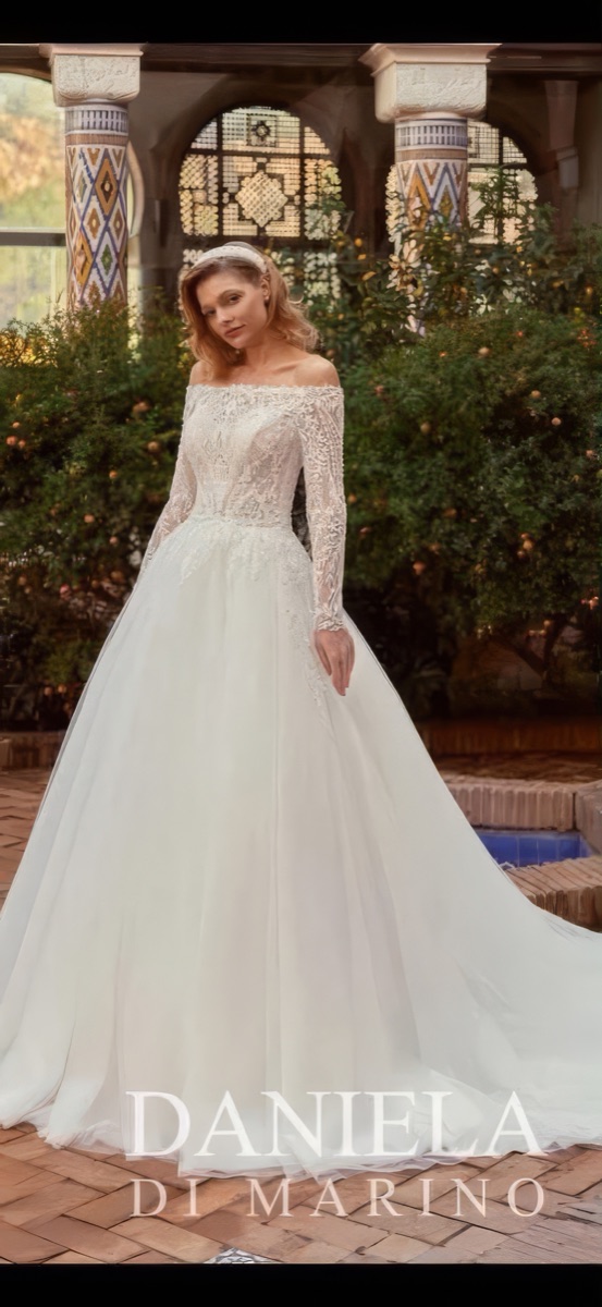 Bardot off-shoulder long-sleeve lace gown with a full skirt