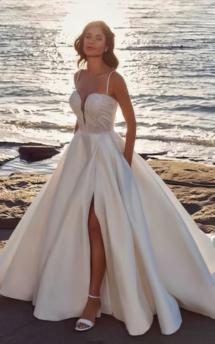 Mikado A-line gown with fine straps and a front split