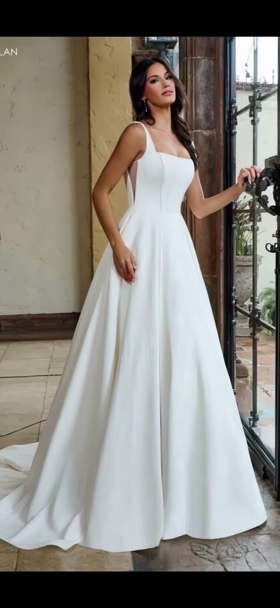 Square-neckline satin A-line gown