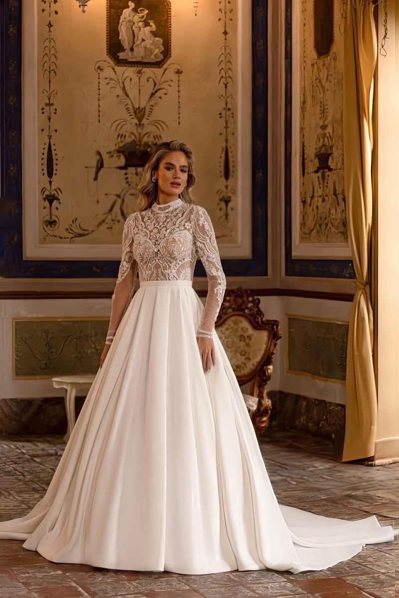 High-neck long-sleeve lace-bodice gown with a satin skirt
