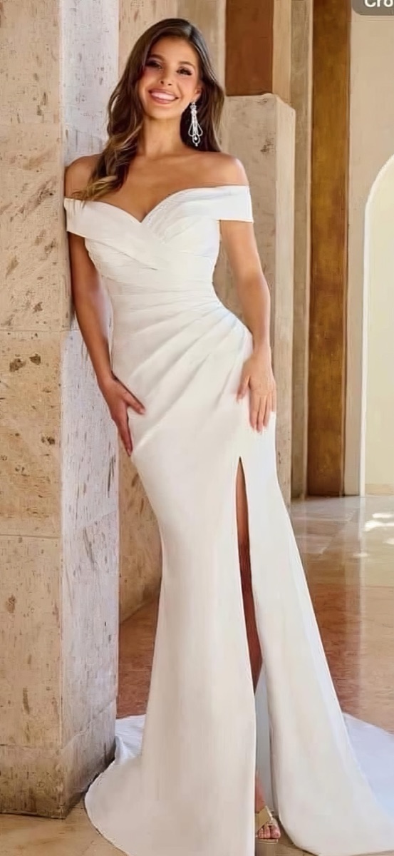Off-shoulder ruched crepe fishtail gown